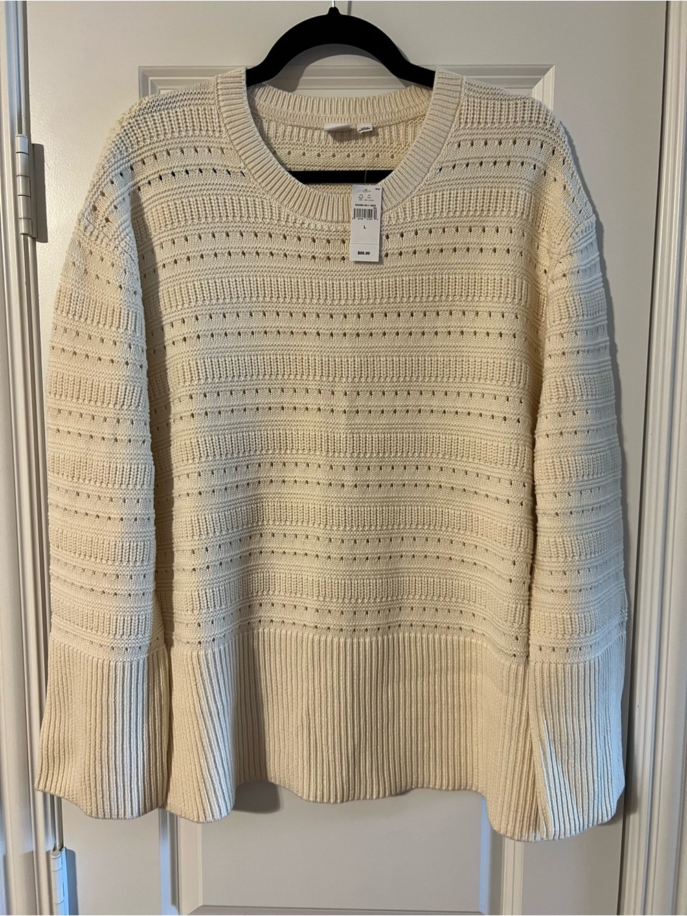 Cream Open-Knit Crewneck Sweater